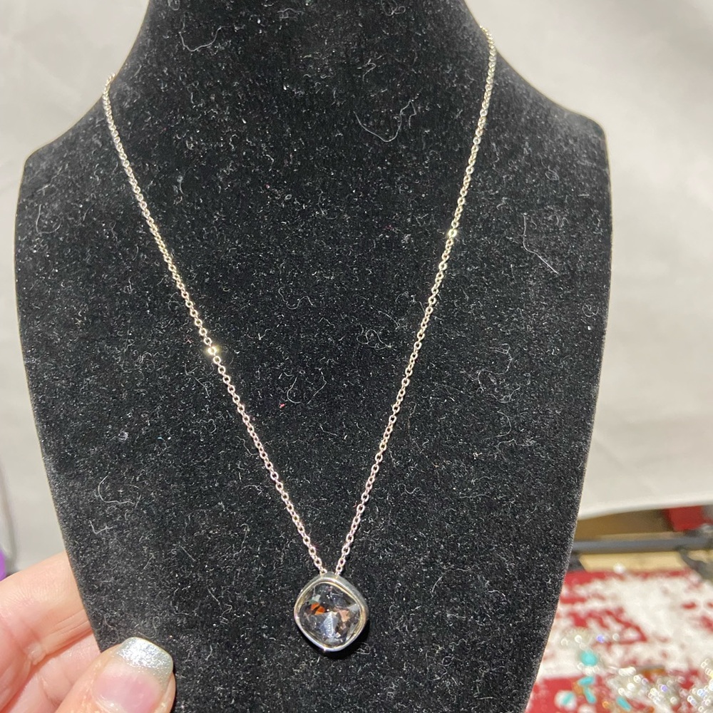 Minimalist Silver Tone Smoky Gray Cushion Cut Bezel Pendant Necklace